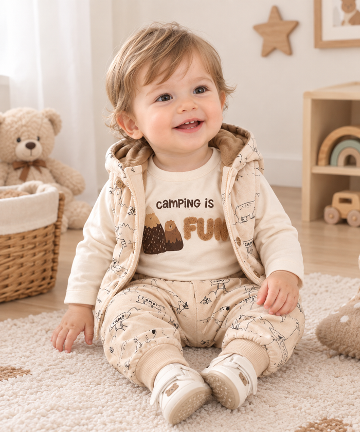 3-delige Baby Kledingset Camping Fun Beige – Shirt, Broek & Bodywarmer