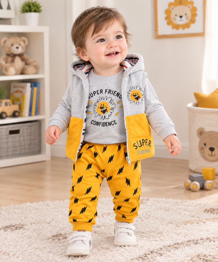 3-delige Baby Kledingset Super Friend Geel – Shirt, Broek & Bodywarmer