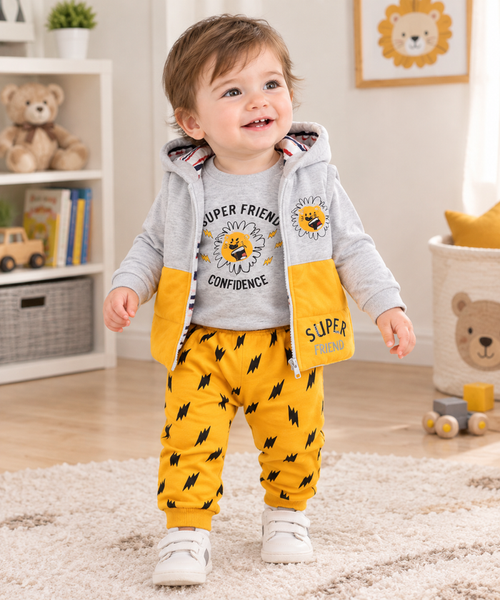 3-delige Baby Kledingset Super Friend Geel – Shirt, Broek & Bodywarmer