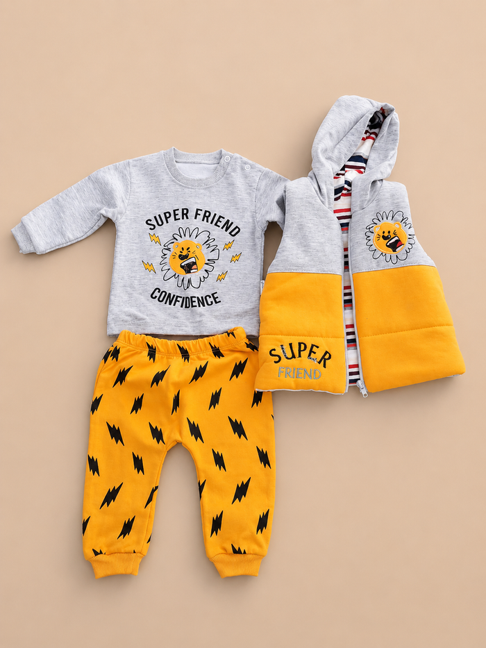 3-delige Baby Kledingset Super Friend Geel – Shirt, Broek & Bodywarmer