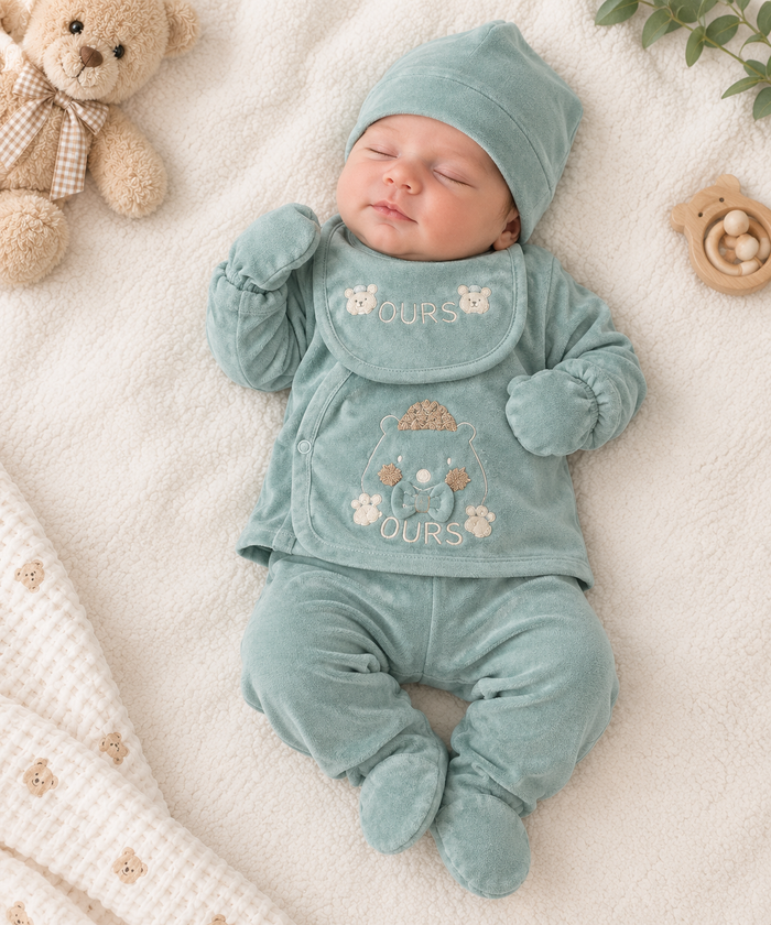 5-Delige Sagegroene Babyset – Beer & Knuffelzacht