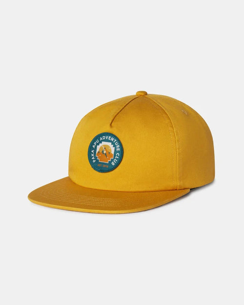 Flat Brimmed Harvest Gold Adventure Hat with Patch Reading “PAKA Apu Adventure Club” – PAKA Apparel