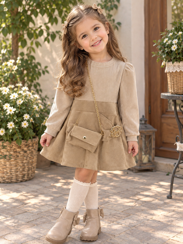 Beige Belle – Meisjesjurk met Tas & Strik