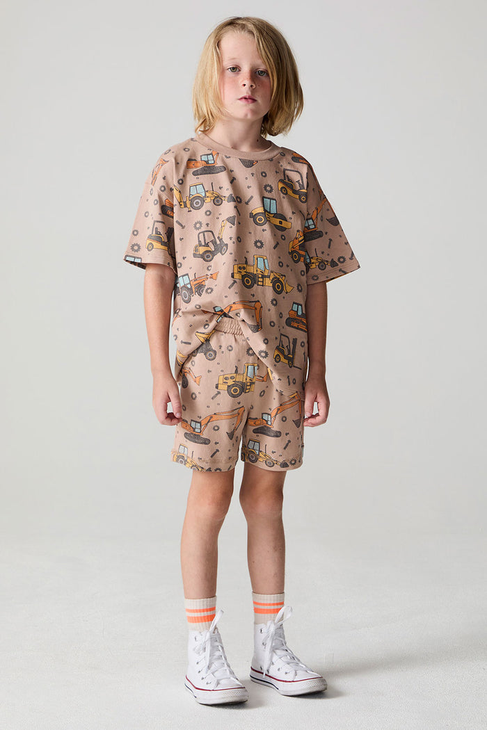 Full body front view of a boy wearing the Chaser Construction Days Shorts on a neutral background