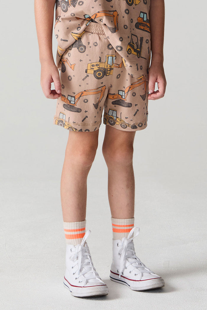 Front view of a boy wearing the Chaser Construction Days Shorts on a neutral background