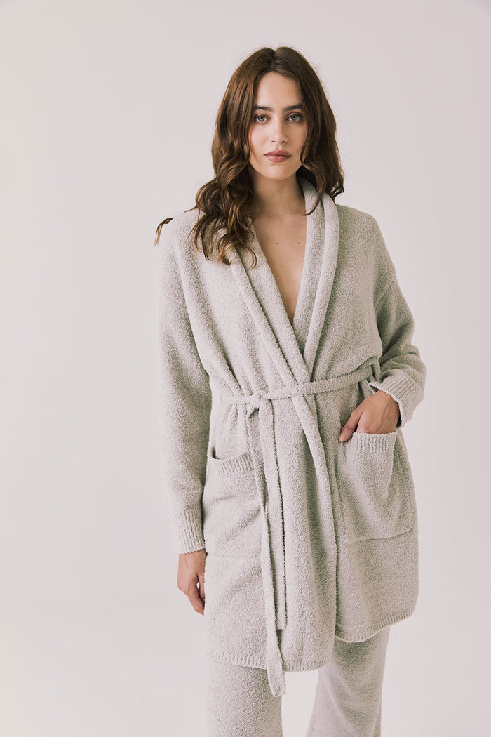 Front view of woman wearing Chaser’s Cozy Heather Grey Robe with tie waist on a white background