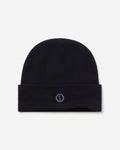 Top view of black cuffed beanie showing small embroidered logo on folded cuff against a light gray background