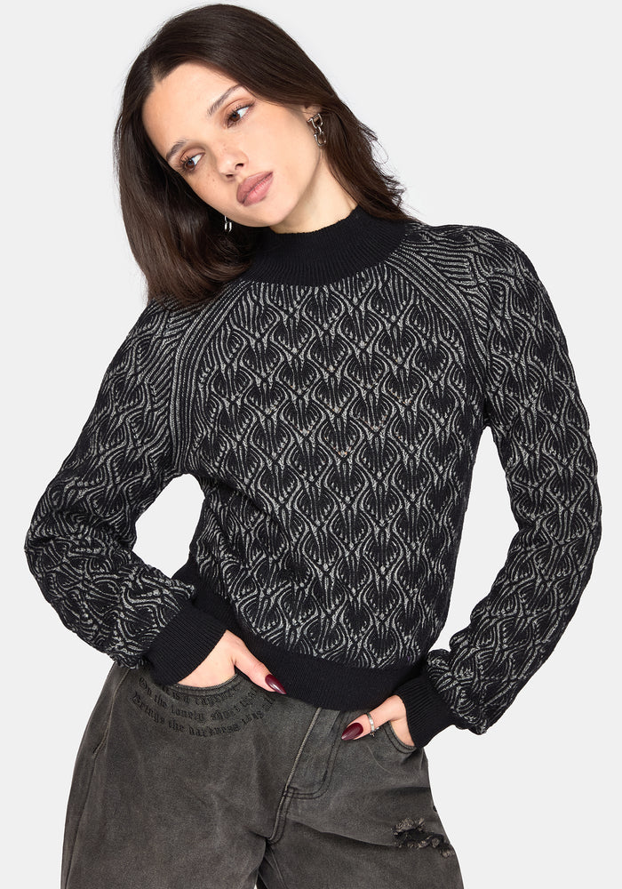 Edna Cotton Leaf Ribbed Funnel Neck Sweater - Black