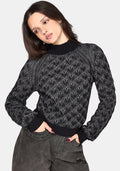 Edna Cotton Leaf Ribbed Funnel Neck Sweater - Black