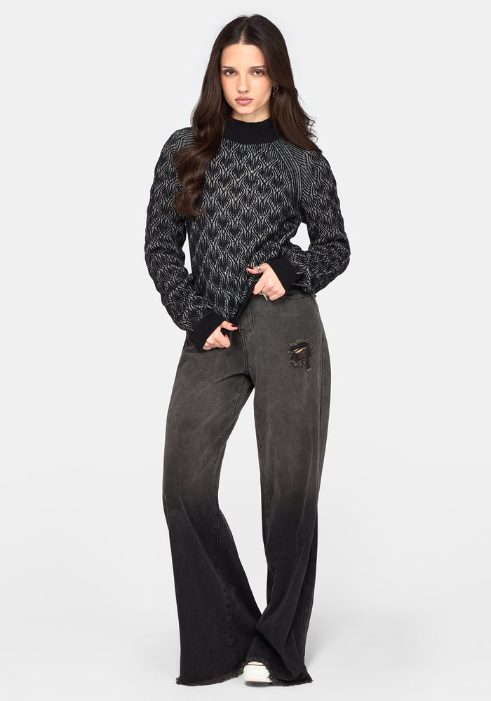 Edna Cotton Leaf Ribbed Funnel Neck Sweater - Black