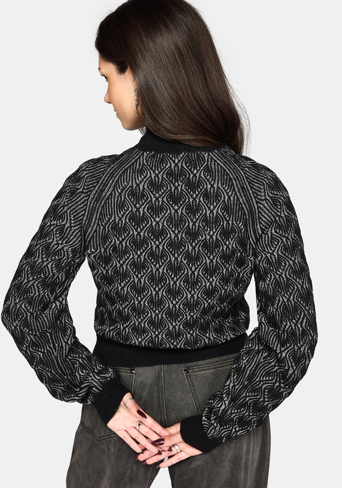 Edna Cotton Leaf Ribbed Funnel Neck Sweater - Black
