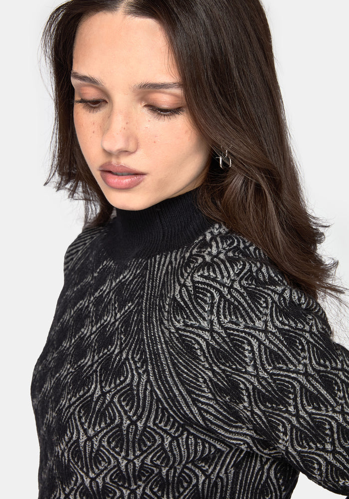 Edna Cotton Leaf Ribbed Funnel Neck Sweater - Black