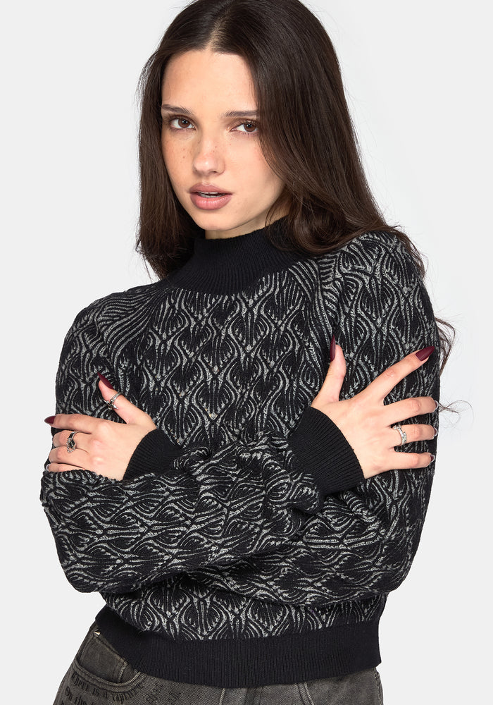 Edna Cotton Leaf Ribbed Funnel Neck Sweater - Black