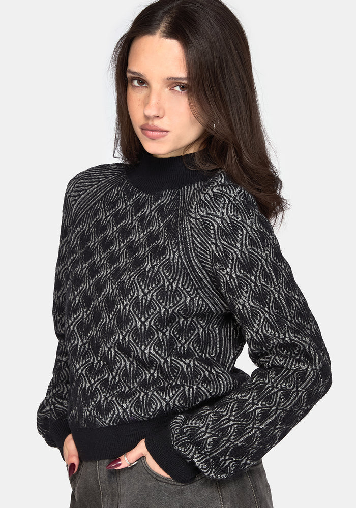 Edna Cotton Leaf Ribbed Funnel Neck Sweater - Black