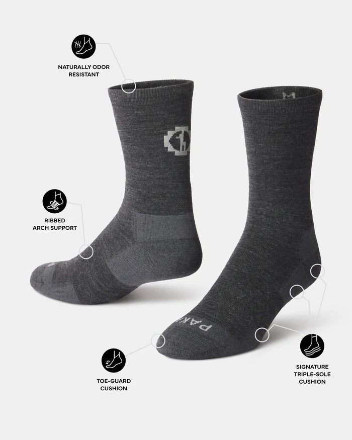 Side and front view of Essential Crew Socks (alpaca) with toe-guard, ribbed arch support, and triple-sole cushion on white