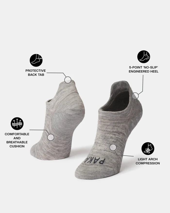 Side and front view of Essential no-show socks with protective back tab, no-slip heel, breathable cushion, light arch support