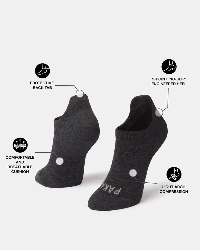 Charcoal no-show socks, three-quarter view, shows no-slip engineered heel, protective back tab, and light arch support on white background