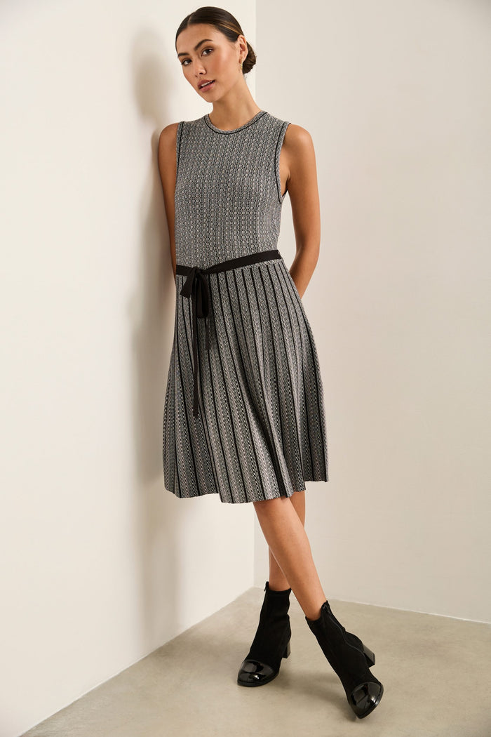 Fit & Flare Jacquard Dress With Sash