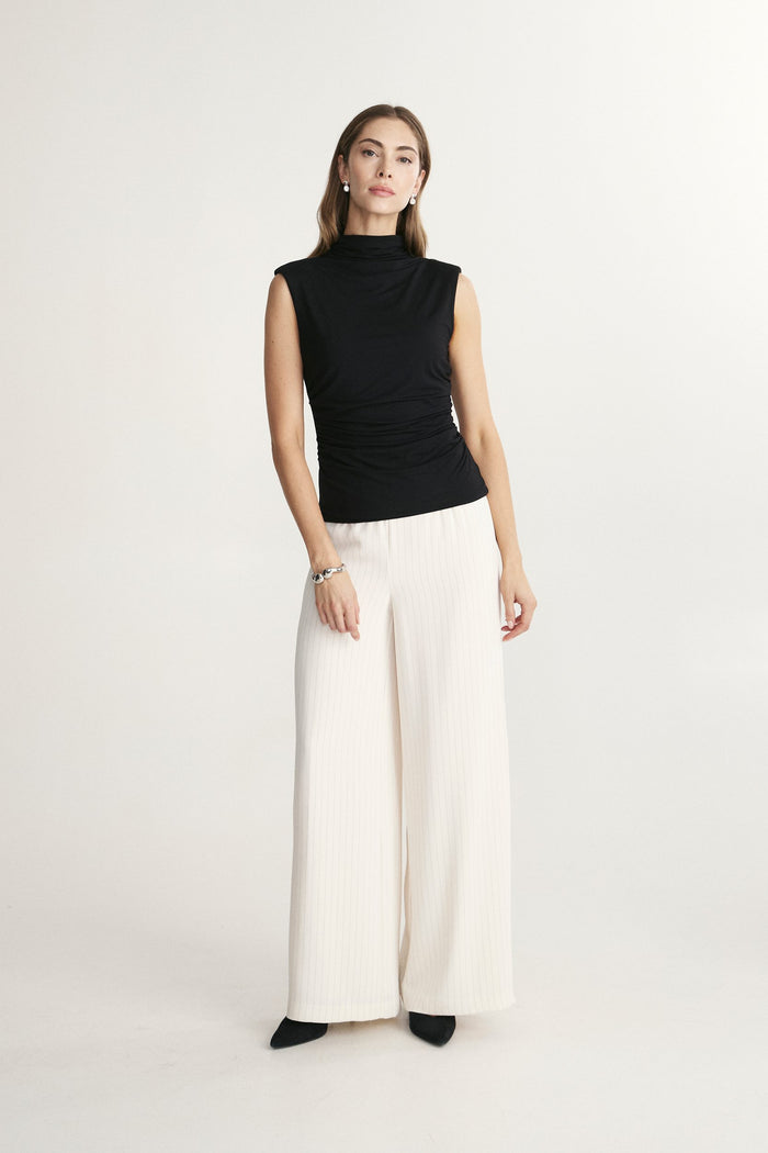 Fitted mock neck jersey top with shirring