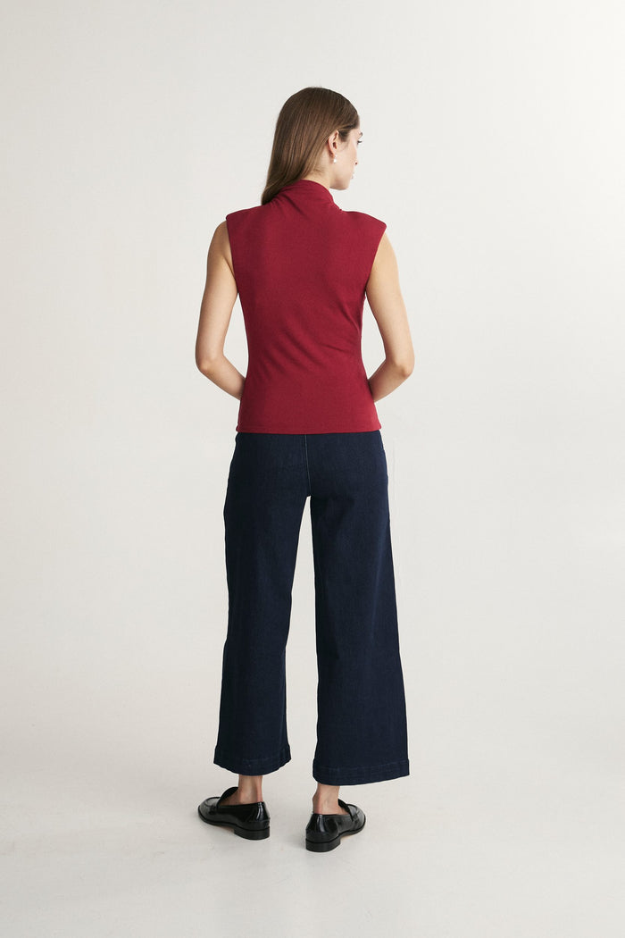 Fitted mock neck jersey top with shirring