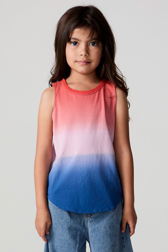 Front view of a girl wearing the Chaser Fruit Popsicle Tank on a neutral background