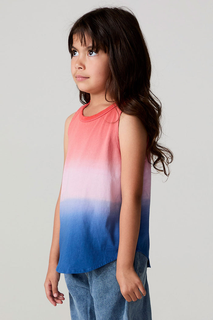 Side angle view of a girl wearing the Chaser Fruit Popsicle Tank on a neutral background