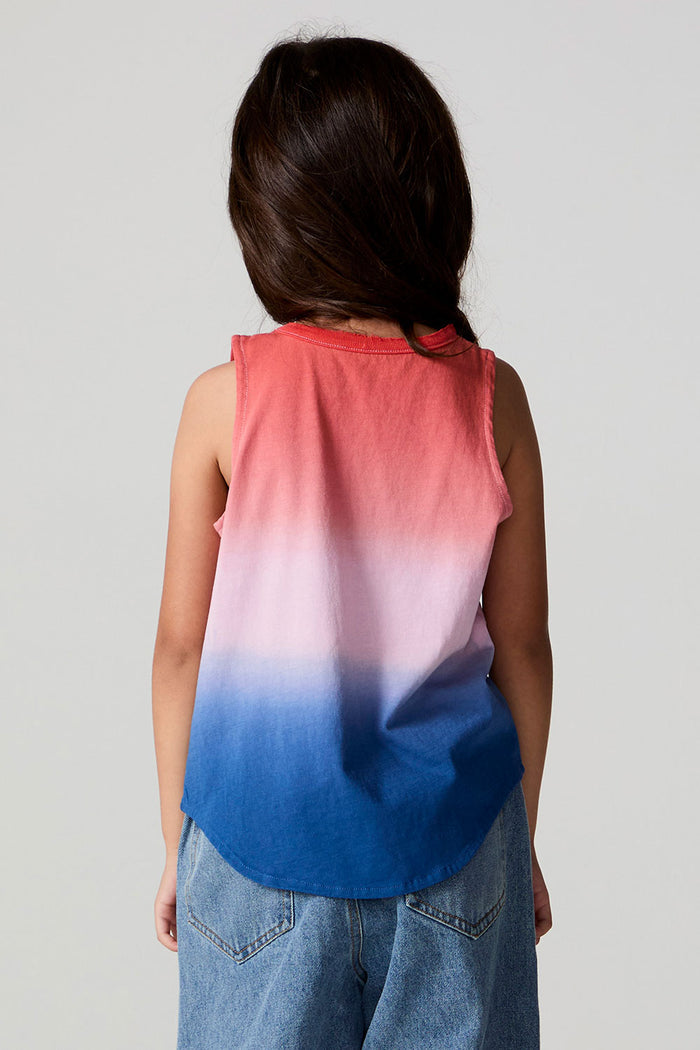Back view of a girl wearing the Chaser Fruit Popsicle Tank on a neutral background