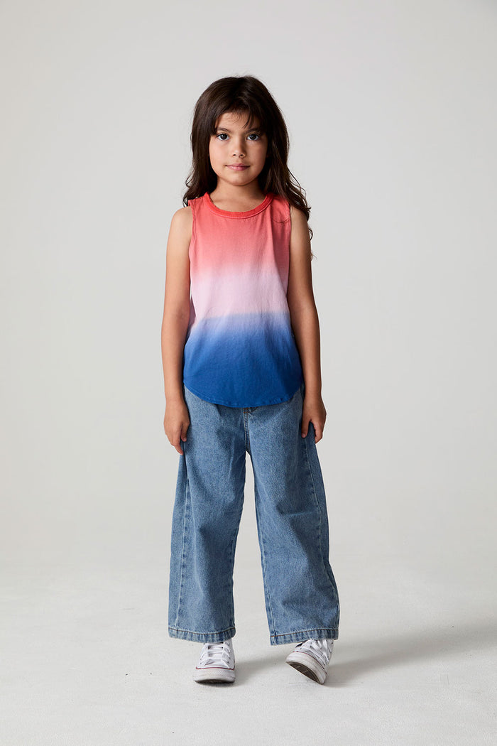 A full body front view of a girl wearing the Chaser Fruit Popsicle Tank on a neutral background