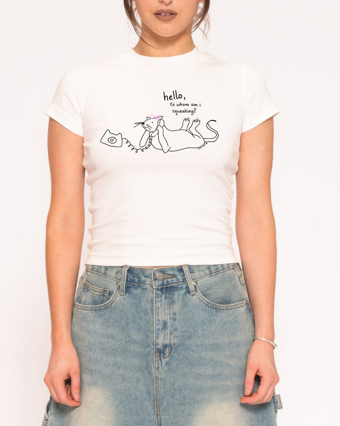 Hello, to Whom Am I Squeaking? White Longline Baby Tee