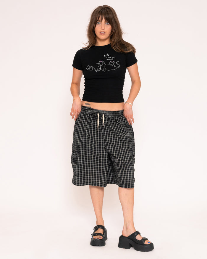 Hello, to Whom Am I Squeaking? Black Longline Baby Tee