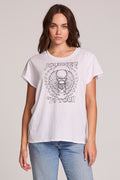 Front view of a woman wearing the Chaser Journey 79 Tour Tee on a neutral background