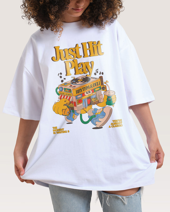 Just Hit Play White Oversized Tee