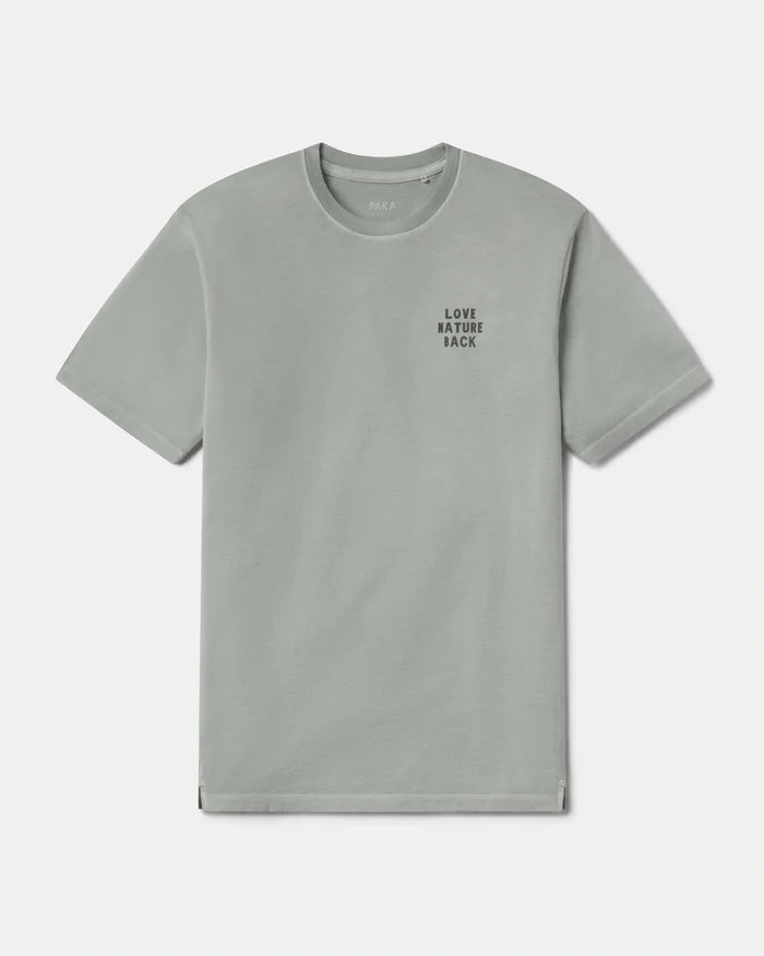 Gray t-shirt with 'LOVE NATURE BACK' text on a white background
