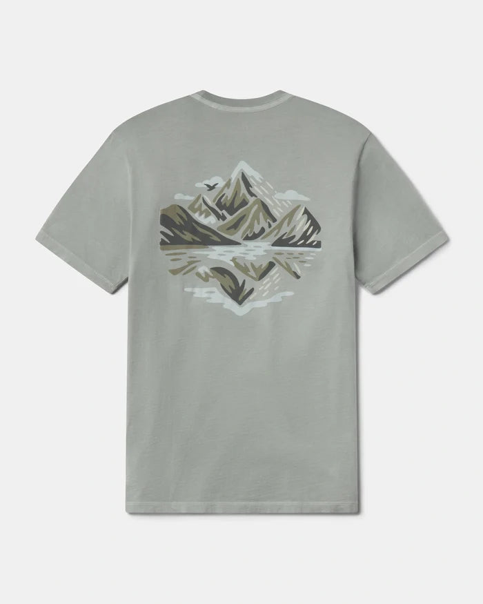 Gray t-shirt with mountain graphic on a white background