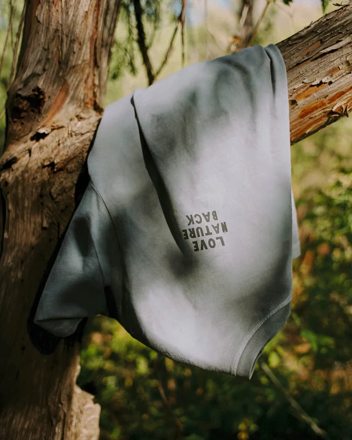 Gray t-shirt with text "Love Nature Back" hanging on a tree branch in a natural setting