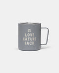 Gray mug with 'Love Nature Back' text on a white background