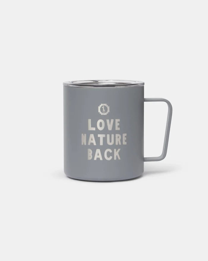 Gray mug with 'Love Nature Back' text on a white background