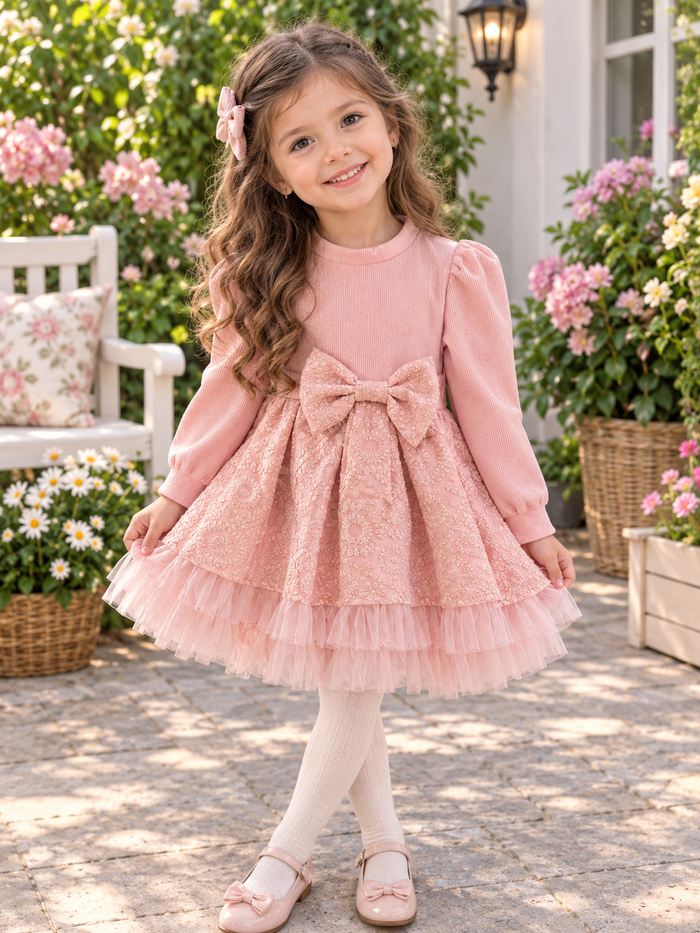 Luna – Elegant Roze Jurkje met Strik & Bloemenprint