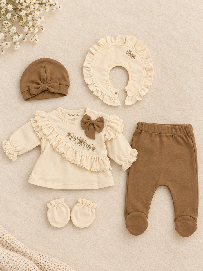 Luxe 5-Delige Babyset – Beige met Strik & Kant