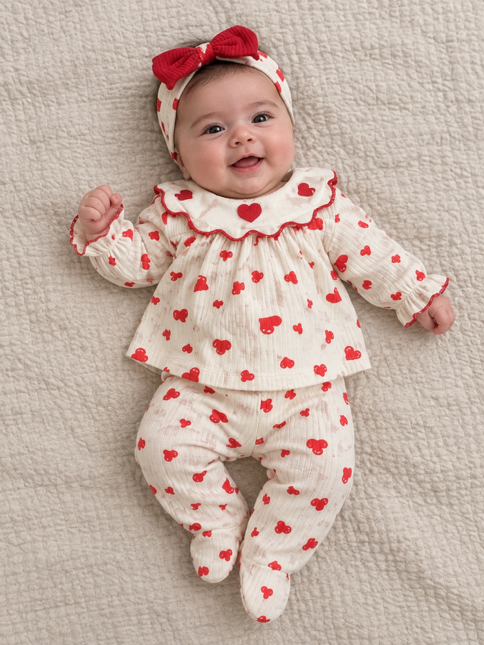 Luxe 5-Delige Babyset ‘Sweet Hearts’ – Crème met Rode Hartjes & Strik