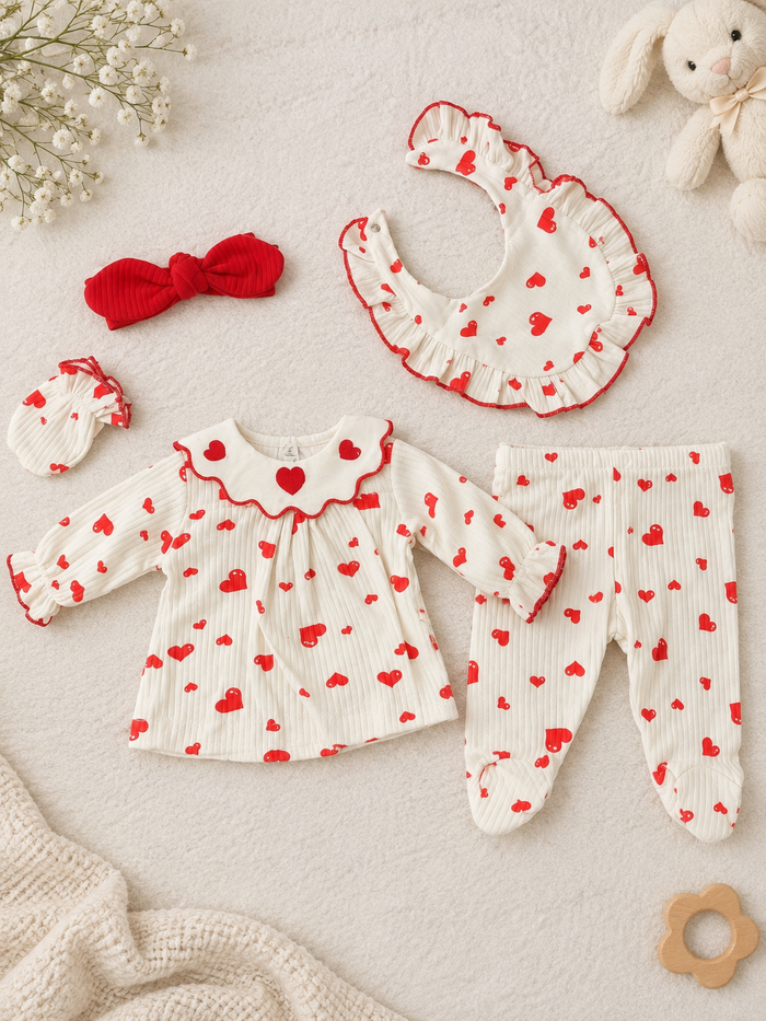 Luxe 5-Delige Babyset ‘Sweet Hearts’ – Crème met Rode Hartjes & Strik