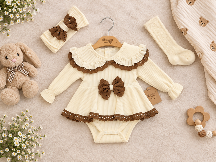 Luxe Bébé – Crème Babypakje met Kanten Kraag & Strik