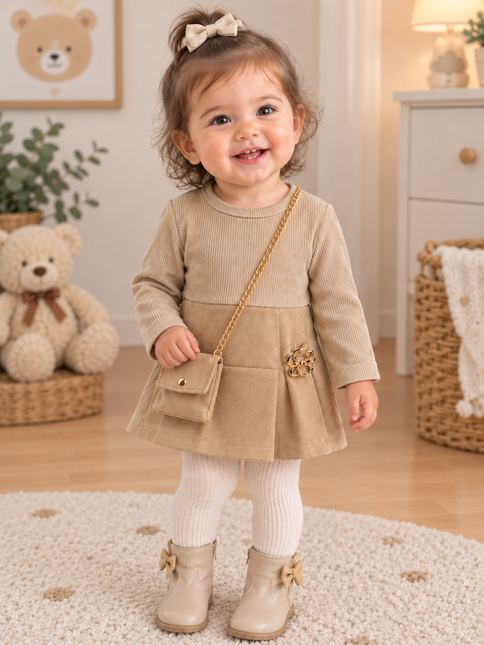 Luxe Beige Babyjurkje met Schoudertasje & Strik