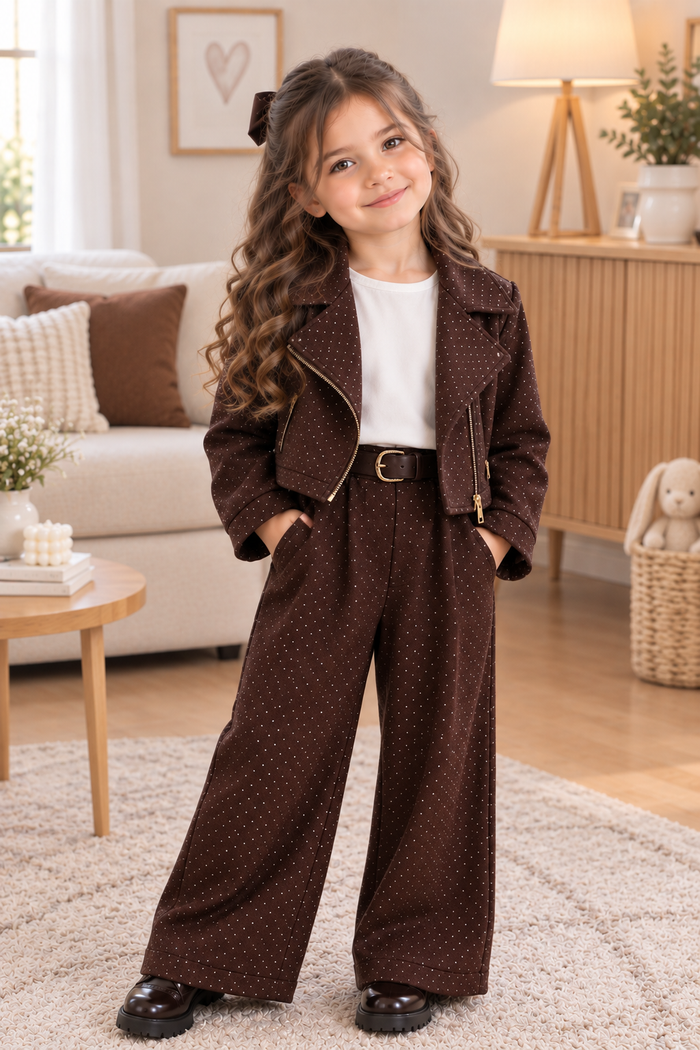 Luxe Bruine Kinder Jumpsuit met Riem en Blazerlook