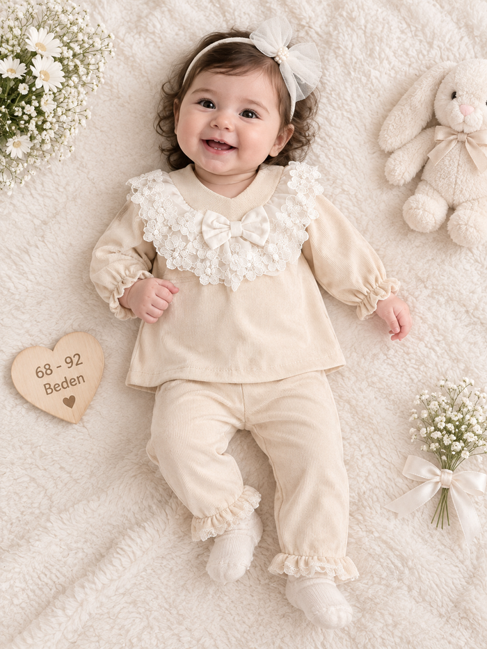 Luxe Crème Baby Setje met Kanten Kraagje & Stri