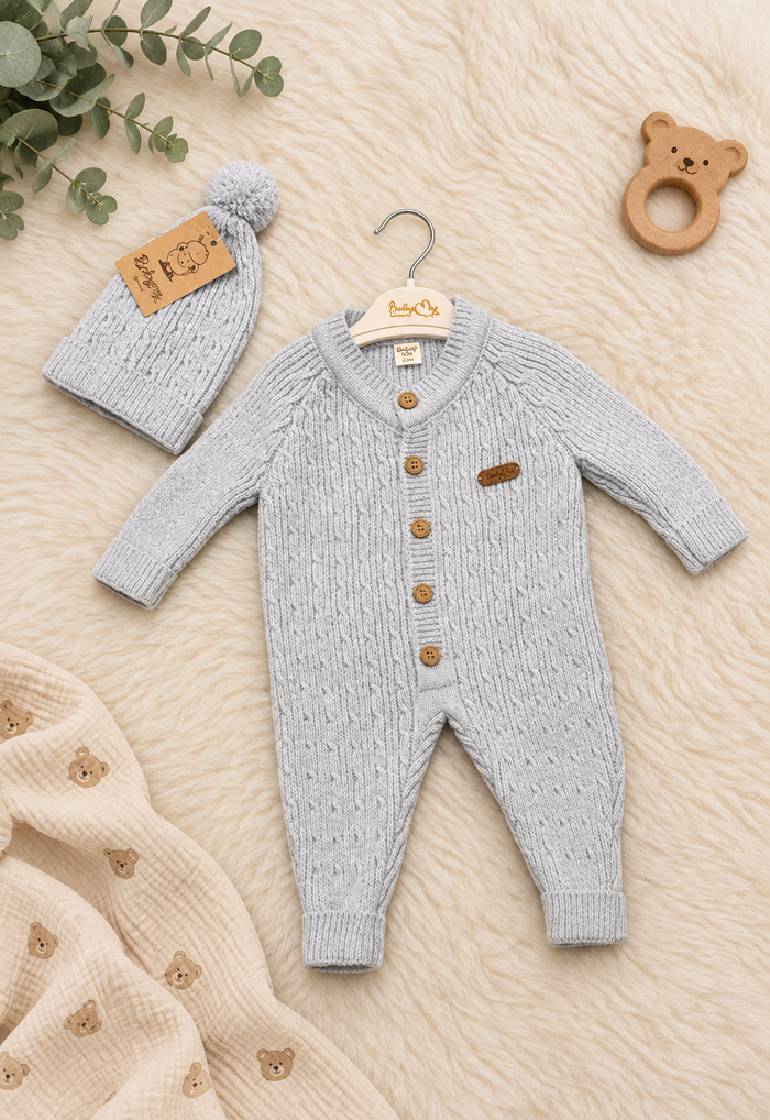 Luxe Gebreid Babysetje – Teddy Comfort in Grijs