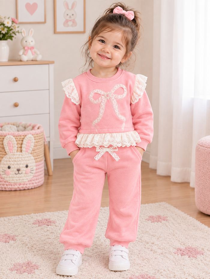 Luxe Roze Meisjes Set met Fijnstrik & Kantdetails