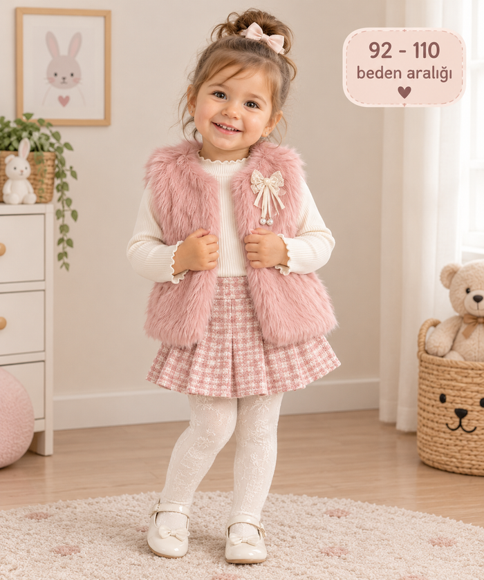 Luxe Roze Meisjesoutfit met Teddy Gilet & Rokje