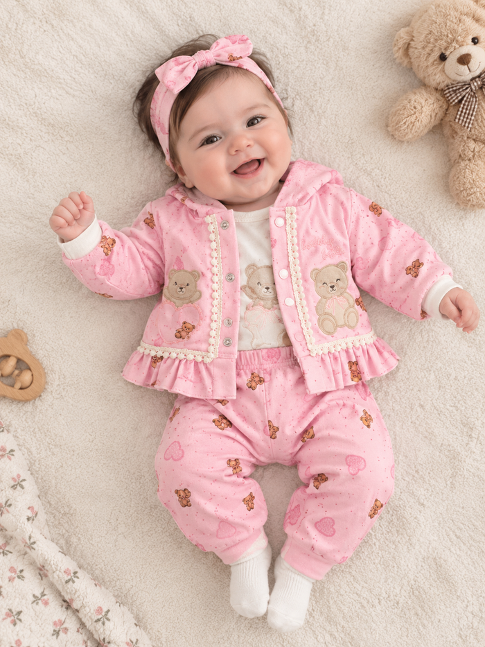 Luxe Teddy Bear Babyset – 3-delig in Zachtroze