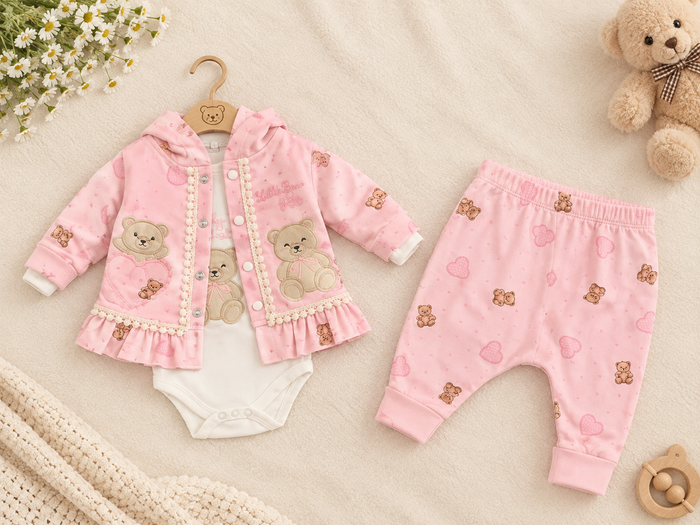 Luxe Teddy Bear Babyset – 3-delig in Zachtroze
